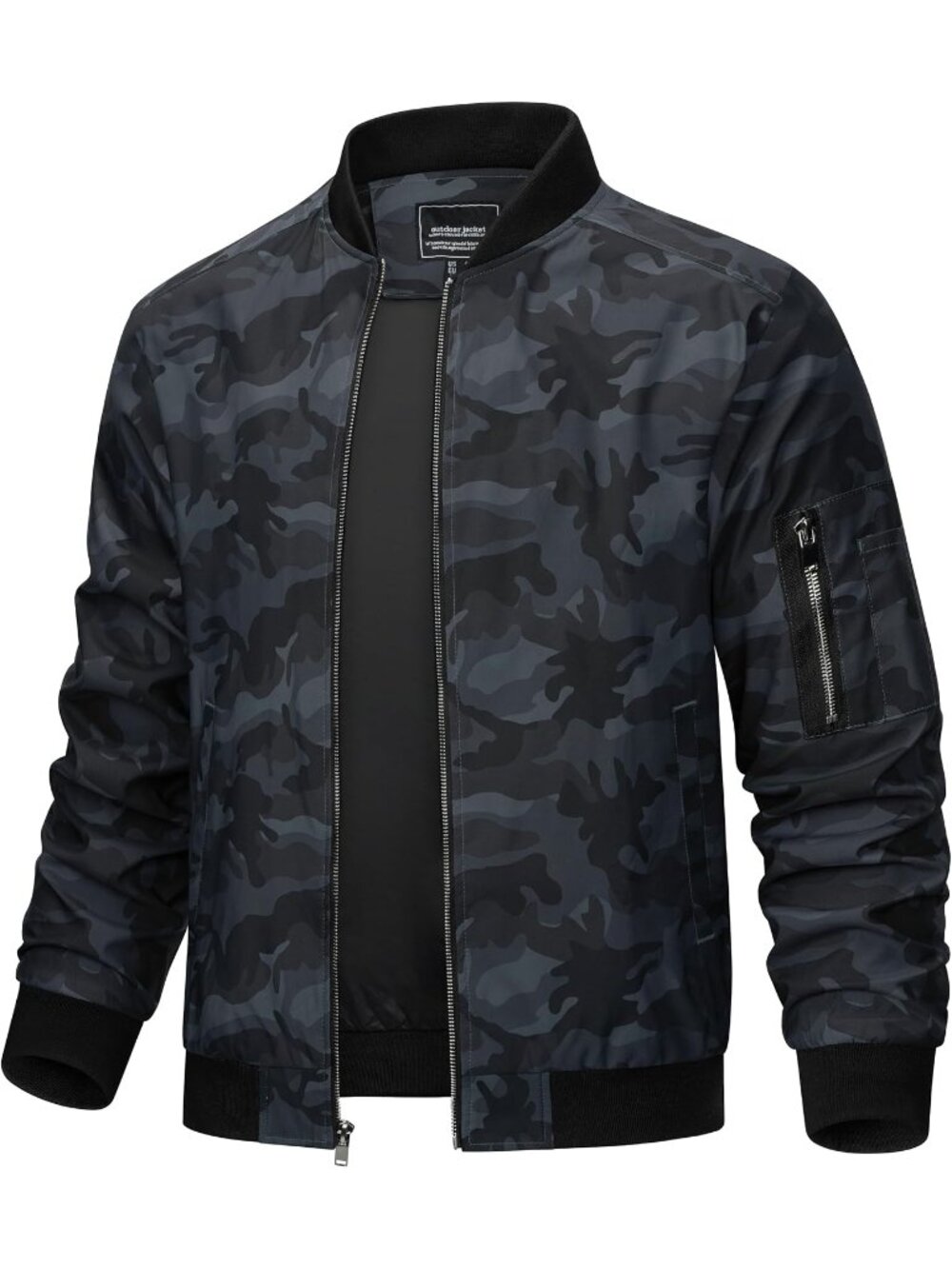 Men Black Camo Full Zipper Stand Collar Pocket Classic Windbreaker Bomber Jacket